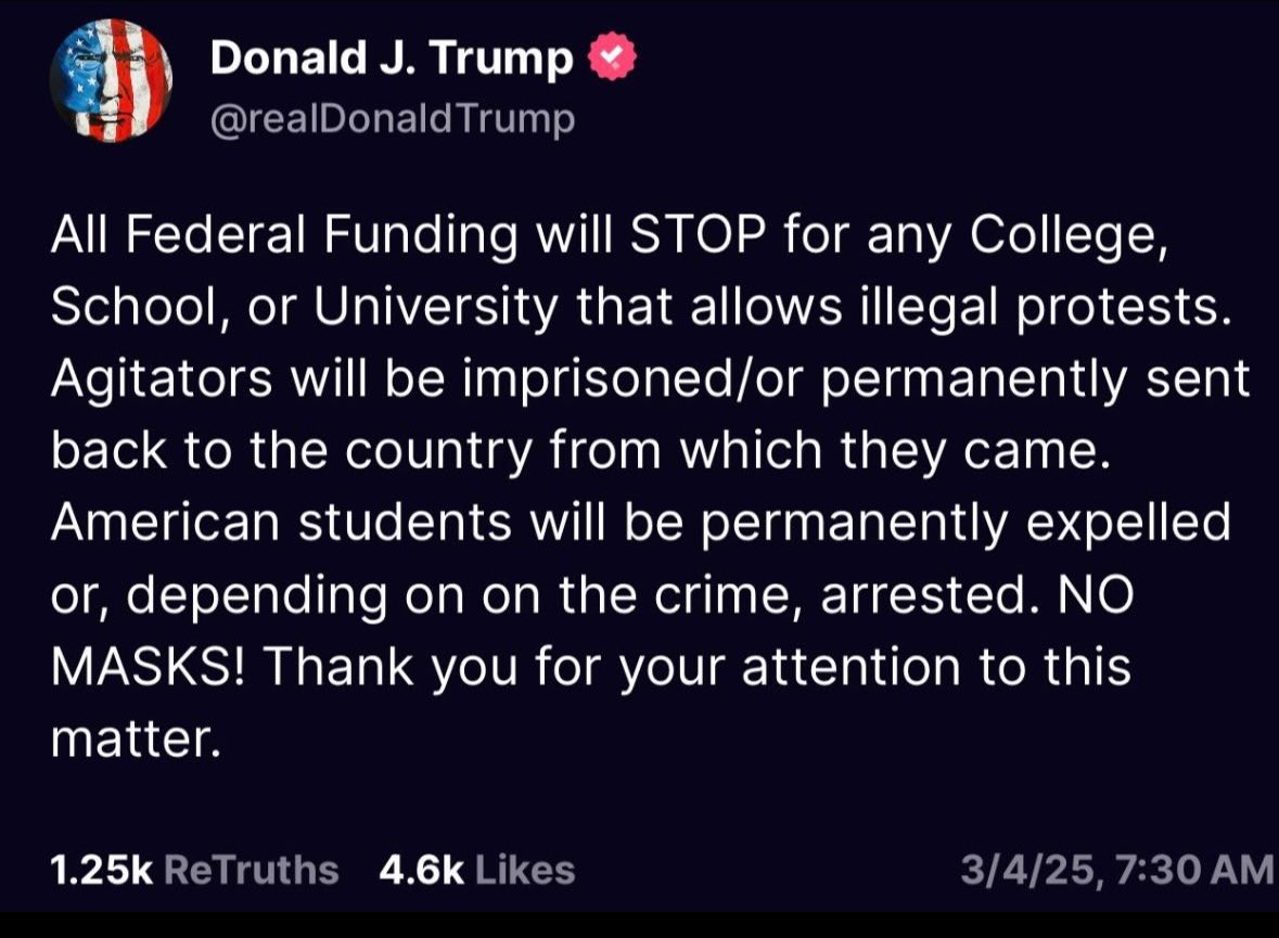 Normalerweise müsste Trump mit diesem Diktator-Move unbeabsichtigt eine studentische Massenbewegung auslösen. Ansonsten ist der US-Demokratie kaum noch zu helfen. We will see.