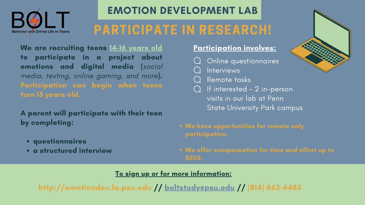 Penn State Child Study Center (@pennstatecsc) on Twitter photo The Penn State Emotion Development Lab is recruiting!
<a href="/StateCollegeHS/">State College HS</a> <a href="/goSJCAsports/">SJCA WolfPack</a> <a href="/BellefonteAHS/">Bellefonte Area HS</a> The Penn State Emotion Development Lab is recruiting!
<a href="/StateCollegeHS/">State College HS</a> <a href="/goSJCAsports/">SJCA WolfPack</a> <a href="/BellefonteAHS/">Bellefonte Area HS</a>
