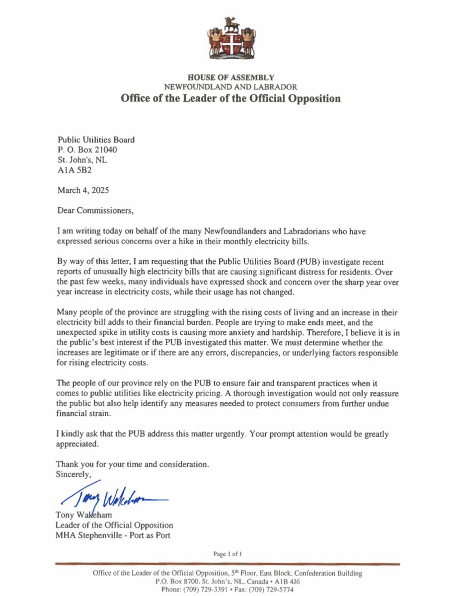 Many Newfoundlanders and Labradorians are shocked by soaring electricity bills, despite no change in their usage. That’s why I’ve written to the Public Utilities Board, calling for an investigation into these unexpected costs.

Newfoundlanders and Labradorians are already
