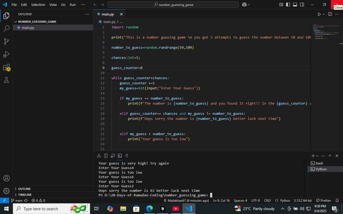 maila1571602's tweet photo. 🎉 Just completed my first Python project! 🐍✨

I built a Number Guessing Game 🎮 where the program picks a random number, and the player has to guess it. A fun and simple way to practice logic and loops! 🚀

Excited for more Python adventures ahead! 🔥 https://t.co/kAdt9Otvr2