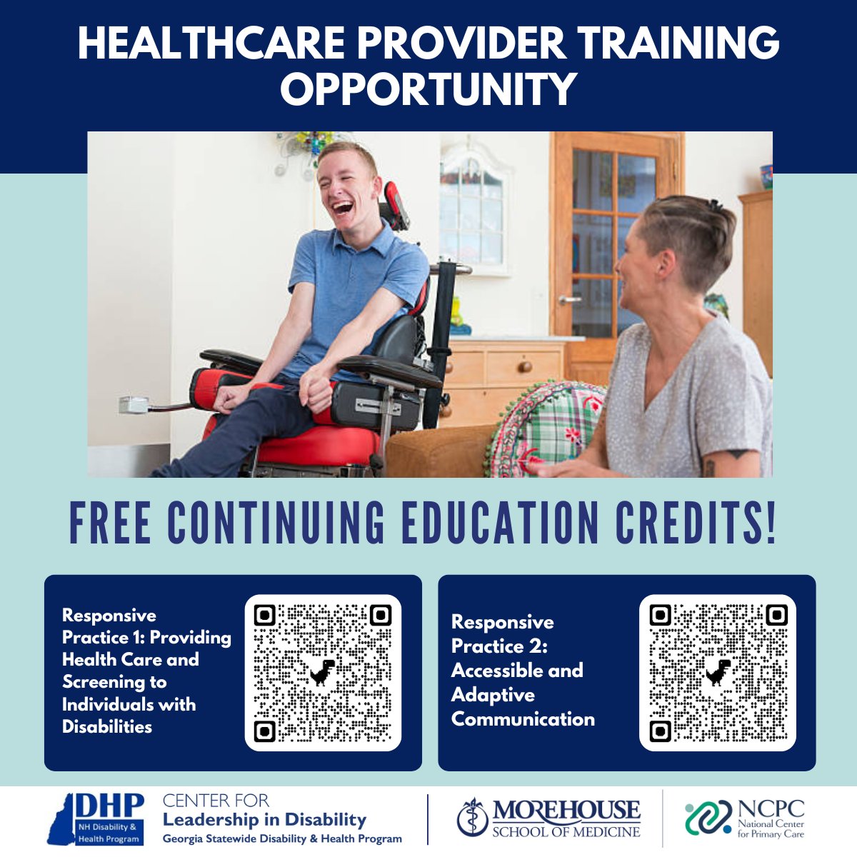 📢 Attention healthcare providers! Earn FREE CDC-funded CE credits with two virtual trainings from the GA Statewide Disability &amp; Health Program!

Don’t miss this opportunity—sign up today! 

Training 1: bit.ly/3OWQcXy
Training 2: bit.ly/3MPydzP