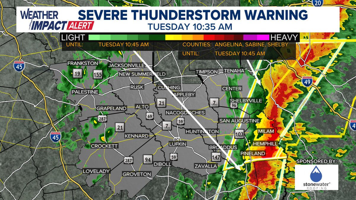 BrettCBS19's tweet photo. A SEVERE THUNDERSTORM WARNING has been issued. Immediate details are in the picture below, more information on our website at https://t.co/sYPbz0cJDg
#CBS19 #TXwx #ETXwx #EastTexas #Severe #Weather #ETXWeather https://t.co/bkAQMOxhtk