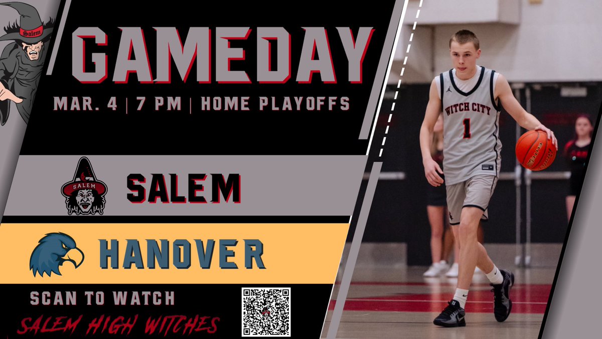 WitchesSports's tweet photo. Playoffs!! It’s Gameday! Your Salem Witches are hosting Hanover in the Sweet Sixteen of the MIAA Playoffs tonight at 7! All tickets must be purchased on Go Fan
🎟️ https://t.co/fssh3ylcQL
 📺 https://t.co/a9NRT5zbh7

#BeatHanover #GDTBG #GoWitch https://t.co/I1Kfvy1tiC