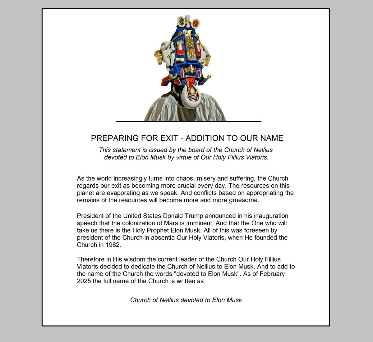 Official statement from the board of the Church regarding the addition to our name.

#ElonMusk #Musk #faith #Trump #Mars #church #devotion #StockMarket #Ukraine