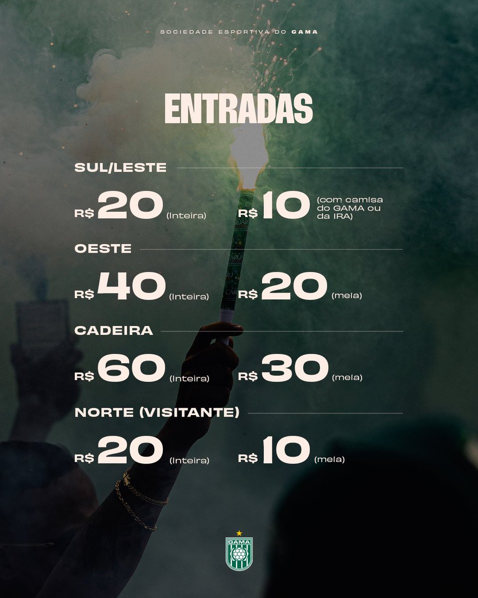 SEGama's tweet photo. Os ingressos para a rodada decisiva do Candangão já estão à venda! Vamos lotar a nossa casa e jogar juntos. 🇳🇬

🎟️ Entradas

Sul/Leste
R$ 20 inteira 
R$ 10 com camisa do GAMA ou da IRA

Oeste
R$ 40 inteira 
R$ 20 meia 

Cadeira
R$ 60 inteira 
R$ 30 meia https://t.co/Ax5H81lLBX