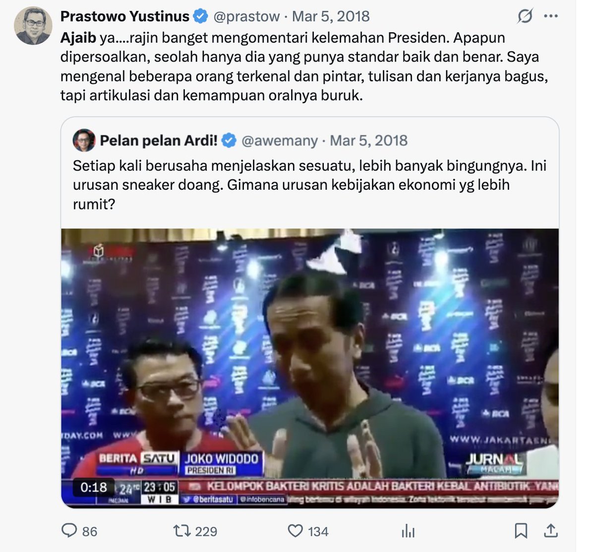 <a href="/prastow/">Prastowo Yustinus</a> <a href="/RSamento/">RejoSamen</a> Lebih ajaib lagi membandingkan komentar anda dulu dan sekarang. Dulu orang yang kemampuan komunikasinya buruk anda bela. Sekarang petugas Jasamarga salah respon saja langsung anda sikat dan generalisasi jadi 'Indonesia ajaib', seolah hanya anda yang punya standar baik dan benar.