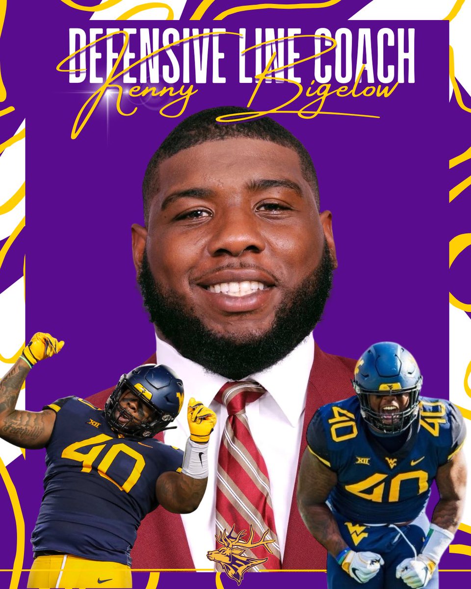 Welcome Kenny Bigelow as our Defensive Line Coach!

A former USC, WVU &amp; NFL (Saints) DL, Coach Bigelow brings elite experience &amp; mentorship to our program. He’s coached at Concord University, William Penn &amp; DMA and is ready to develop our trenches!

💜💛 #ElktonFootball #GoElks