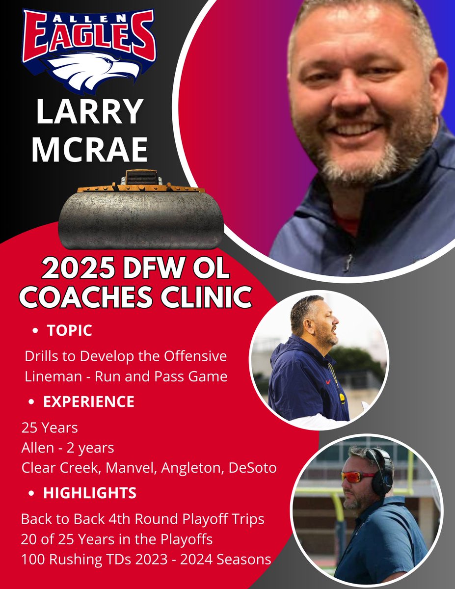 OL Coaches Clinic (@olcoachesclinic) on Twitter photo Another great speaker for this year's DFW OL Coaches Clinic on April 12th in Prosper.
Coach Larry McRae <a href="/LarryWMcrae/">Coach Larry McRae</a> from Allen High School brings 25 years of experience developing high school offensive linemen.
Register today:
olcoachesclinic.com Another great speaker for this year's DFW OL Coaches Clinic on April 12th in Prosper.
Coach Larry McRae <a href="/LarryWMcrae/">Coach Larry McRae</a> from Allen High School brings 25 years of experience developing high school offensive linemen.
Register today:
olcoachesclinic.com