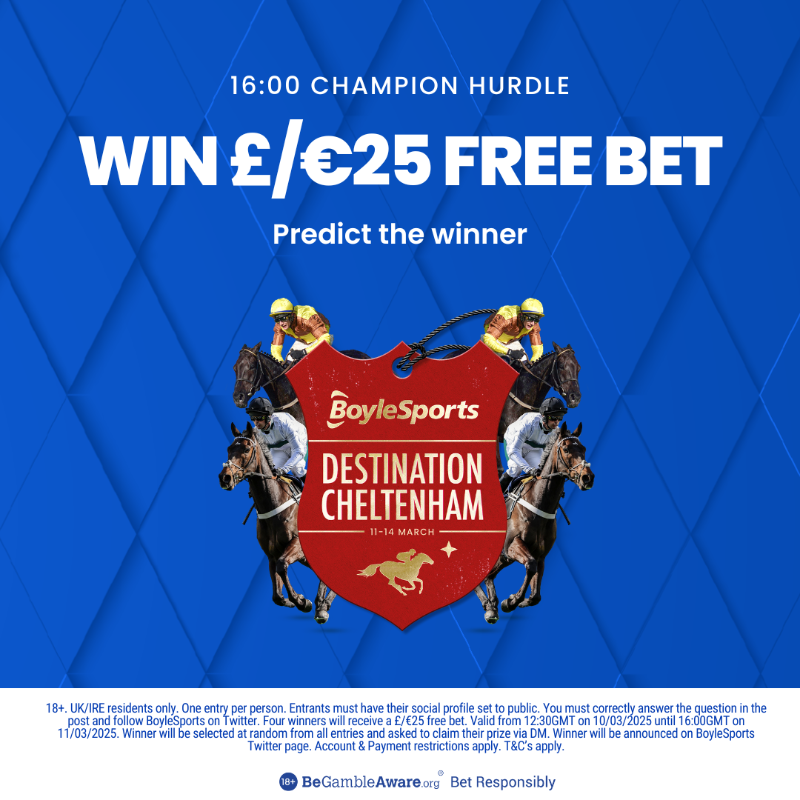 BoyleSports's tweet photo. 🏇 Choose wisely this Cheltenham Festival and you can win a £/€25 Free Bet!

To enter:
✅ Follow @BoyleSports
🔁 Retweet this post
💬 Predict the Champion Hurdle winner.

🔞 Click below for full terms &amp; conditions