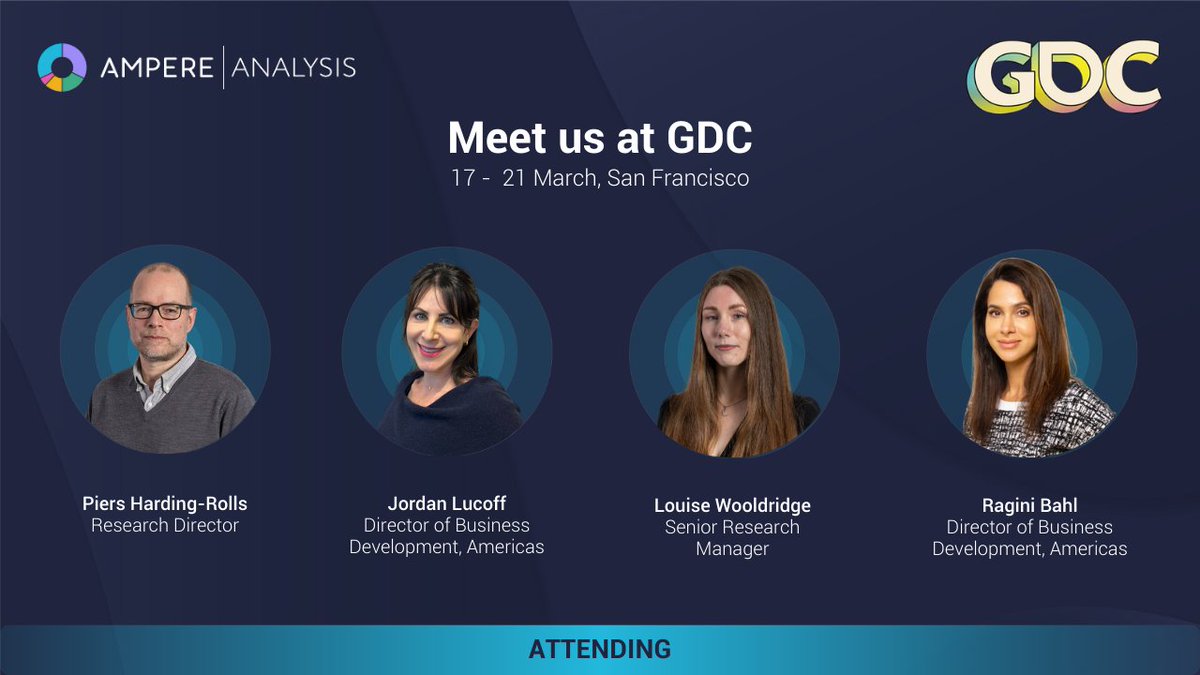 We're excited to be attending <a href="/Official_GDC/">Game Developers Conference</a>! Meet our team— <a href="/PiersHR/">Piers Harding-Rolls</a> , Jordan, Ragini, and Louise will be there and would love to connect. Contact us at info@ampereanalysis.com to set up a meeting.