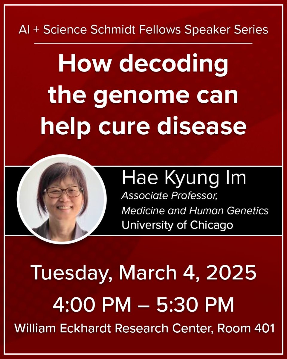 Data Science Institute (@dsi_uchicago) on Twitter photo How decoding the genome can help cure disease
Don’t miss today’s entry in the <a href="/AI_and_Science/">AI & Science</a> Schmidt Fellows Speaker Series!
Featuring Hae Kyung Im (<a href="/hakyim/">Hae Kyung Im 任慧耕 임혜경</a>), Associate Professor of Medicine and Human Genetics at <a href="/UChicago/">The University of Chicago</a>!
datascience.uchicago.edu/events/hae-kyu… How decoding the genome can help cure disease
Don’t miss today’s entry in the <a href="/AI_and_Science/">AI & Science</a> Schmidt Fellows Speaker Series!
Featuring Hae Kyung Im (<a href="/hakyim/">Hae Kyung Im 任慧耕 임혜경</a>), Associate Professor of Medicine and Human Genetics at <a href="/UChicago/">The University of Chicago</a>!
datascience.uchicago.edu/events/hae-kyu…