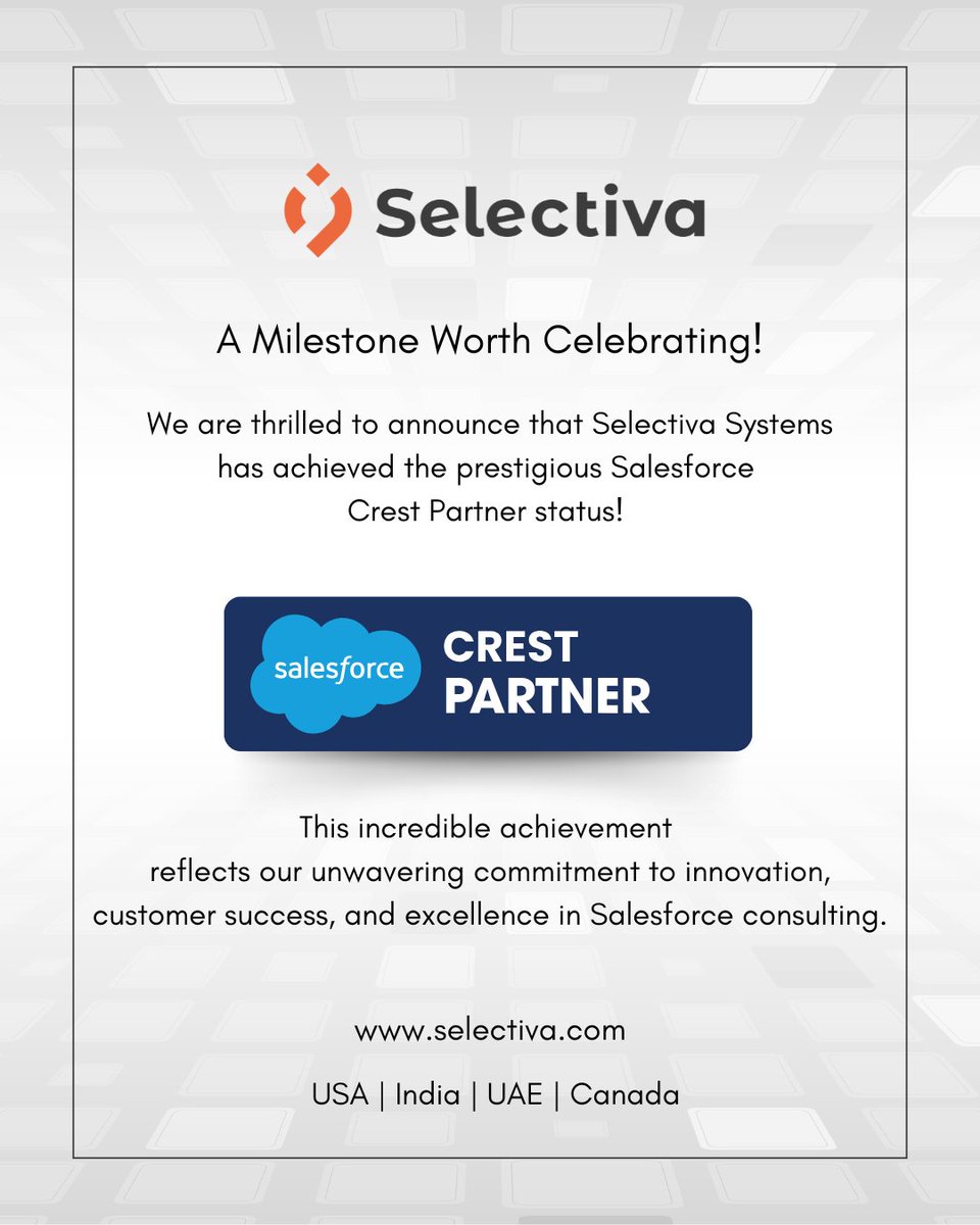 selectivainc's tweet image. We’re overjoyed to share a proud moment—#Selectiva Systems is now a #Salesforce Crest Partner! This milestone is a reflection of the trust our customers place in us and the passion of our incredible team.
Here’s to growing together, innovating together.
#SalesforceCrestPartner