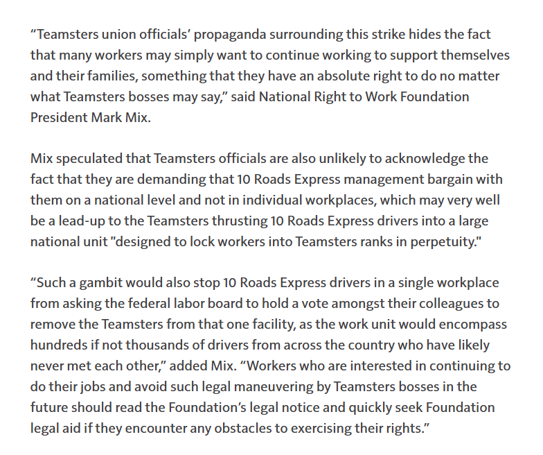 RightToWork's tweet image. National Right to Work Foundation President Mark Mix was quoted at length by @CCJnow regarding the rights of 10 Roads Express employees affected #Teamsters strike.