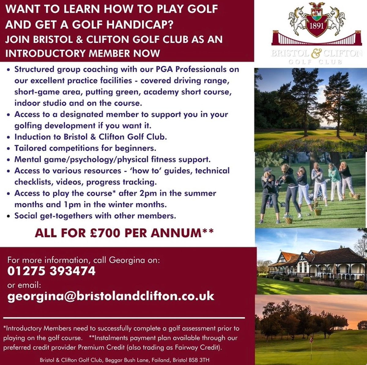 Janice Saunders (@golferbutt) on Twitter photo Want to learn how to play golf and get a golf handicap? <a href="/BandCGolfClub/">Bristol & Clifton GC</a> have a new ‘Introductory Membership’ category that includes structured lessons for just £700 p.a. For more info, email: georgina@bristolandclifton.co.uk or call 01275 393474(option 5). T’s & C’s apply. Want to learn how to play golf and get a golf handicap? <a href="/BandCGolfClub/">Bristol & Clifton GC</a> have a new ‘Introductory Membership’ category that includes structured lessons for just £700 p.a. For more info, email: georgina@bristolandclifton.co.uk or call 01275 393474(option 5). T’s & C’s apply.