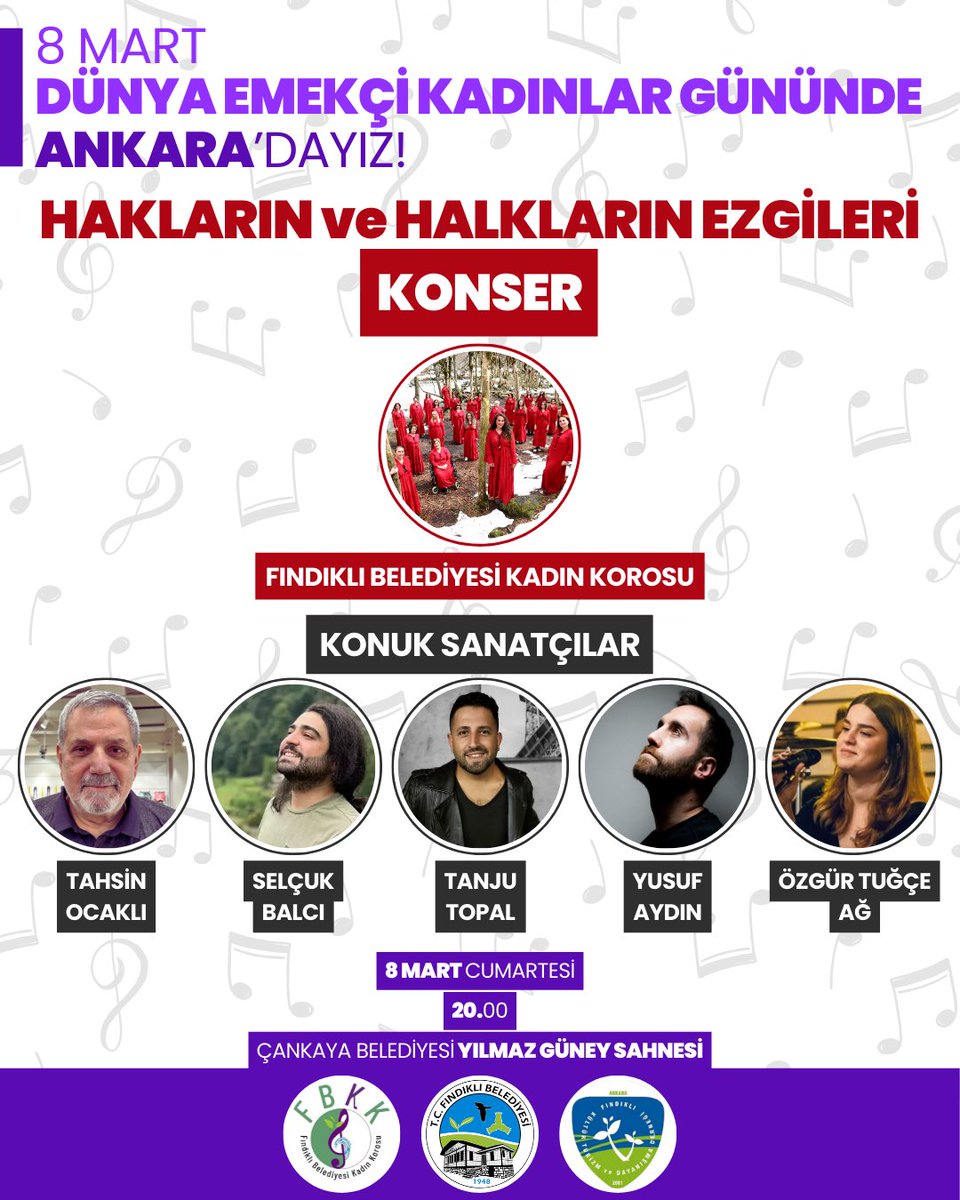 Fındıklı Belediyesi Kadın Korosu, konuk sanatçıları ve dostlarıyla birlikte 8 Mart Dünya Emekçi Kadınlar Gününde Ankara’da! 🎶 

Ankara’daki tüm hemşehrilerimiz ve Fındıklı dostları davetlidir. 

🗓️ 8 Mart Cumartesi
⏰ 20.00
📍 Çankaya Belediyesi Yılmaz Güney Sahnesi