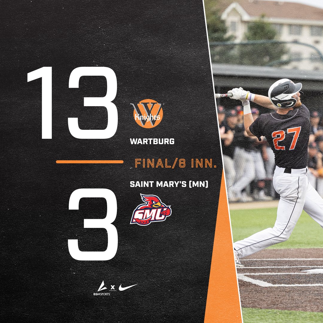 Knights Win!! 🔥

<a href="/WartburgBB/">Wartburg Baseball</a> 13, Saint Mary's (Minn.) 3 - 8 Innings

Keegan Schmitt: Two homeruns, Two RBI
Carter Stubitz: Two RBI
Cole Grider: Two RBI, triple
Caleb Andrews: Two RBI
Liam Bender: Two RBI, double