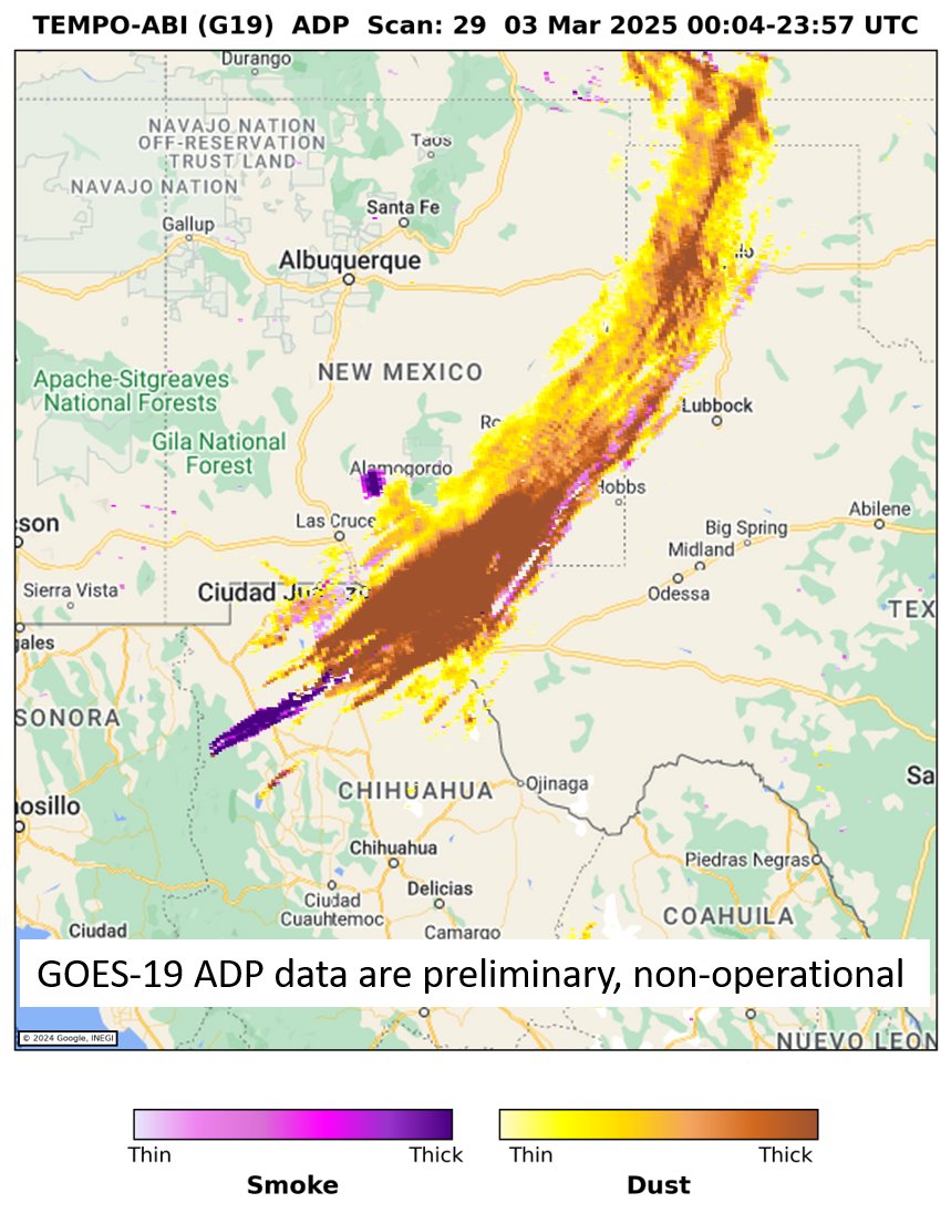 AerosolWatch (@aerosolwatch) on Twitter photo New Aerosol Detection Product (ADP) from merged TEMPO & GOES-19 ABI observations highlights blowing dust along a cold front across TX & NM on 3 Mar; yellow indicates thin dust & dark brown indicates thick dust. <a href="/CenterForAstro/">Center for Astrophysics | Harvard & Smithsonian</a> <a href="/TEMPO_Mission/">TEMPO Mission</a> <a href="/NOAASatellites/">NOAA Satellites</a> <a href="/Karma_lobsang12/">Phurbu</a> New Aerosol Detection Product (ADP) from merged TEMPO & GOES-19 ABI observations highlights blowing dust along a cold front across TX & NM on 3 Mar; yellow indicates thin dust & dark brown indicates thick dust. <a href="/CenterForAstro/">Center for Astrophysics | Harvard & Smithsonian</a> <a href="/TEMPO_Mission/">TEMPO Mission</a> <a href="/NOAASatellites/">NOAA Satellites</a> <a href="/Karma_lobsang12/">Phurbu</a>