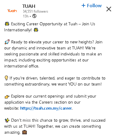 ❕ Tuah is Hiring❕

📌 Multiple positions

✅ To apply, scan the barcode below, or visit tuah.com.my/career
