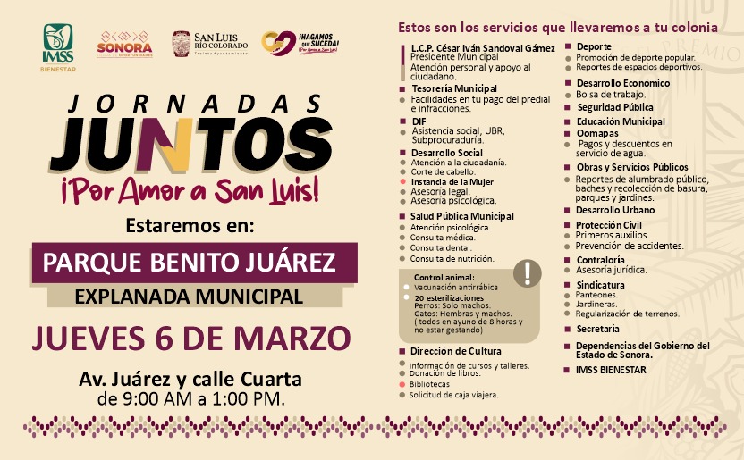 📢 ¡Te esperamos este jueves 6 de marzo en la jornada "Juntos por Amor a San Luis"!  
Acompañados de nuestro alcalde, <a href="/CesarIvan2018/">Iván Sandoval</a>  , estaremos de 9:00 a.m. a 1:00 p.m. en el Parque Benito Juárez, ubicado en 📍Av. Juárez y Calle 4ta. 
#HagamosQueSuceda #PorAmorASanLuis