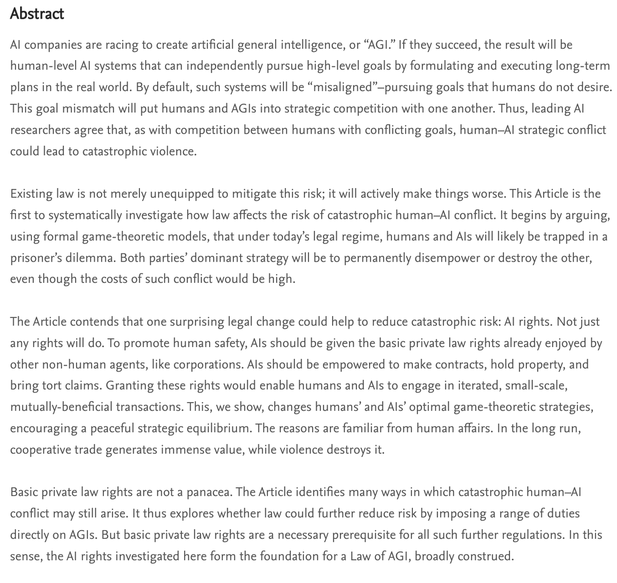 petersalib's tweet image. Pleased to share that my and @simondgoldstein's new article, "AI Rights for Human Safety," is forthcoming in @VirginiaLawRev.