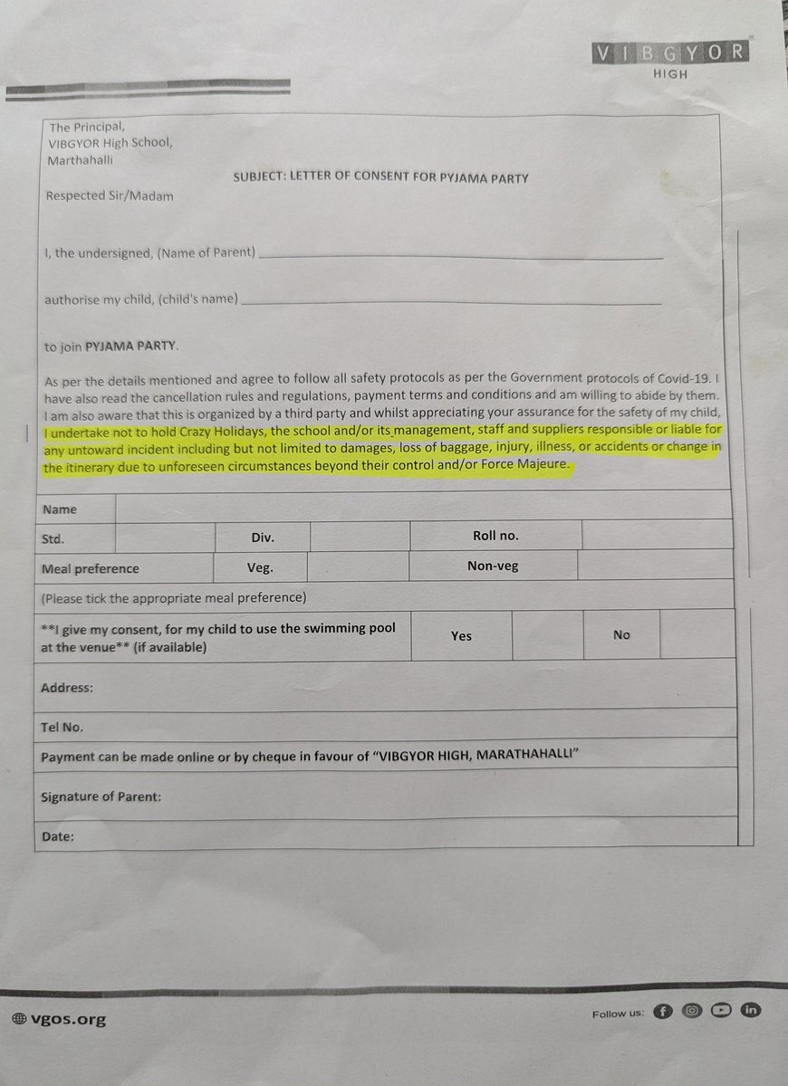 sumith's tweet image. An event is being planned by the school, charges collected by the school and held in the school. But the school says it's conducted by a "3rd party" and neither this so called 3rd party or the school will be responsible 😤. Is this called #waiver or #irresponsible? #Bengaluru
