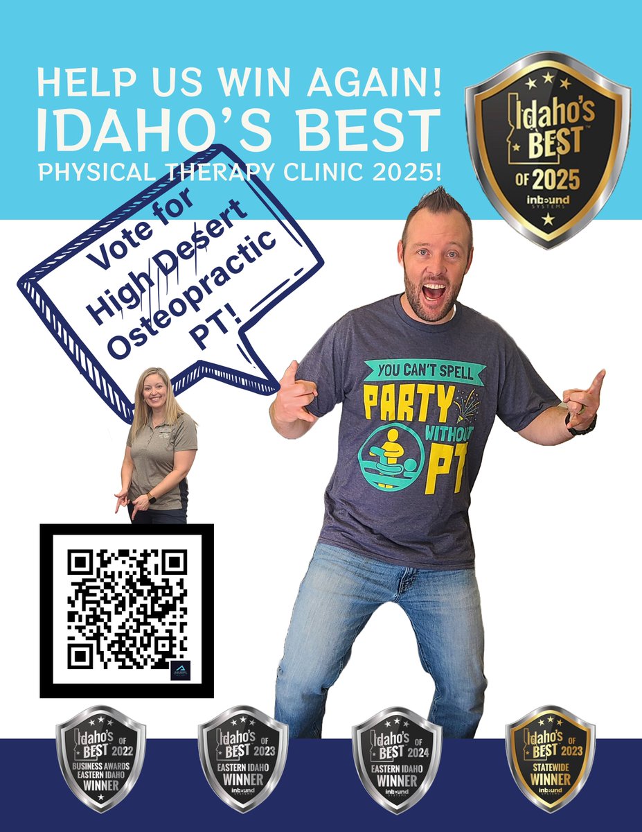 VOTE FOR THE BEST! We've won the last 3 years, help make it 4! bit.ly/IdahosBestPT Expert Therapists, Mobile PT Unit, Patient-First Approach, Community-Focused, Osteopractic Excellence. Help us continue our legacy!  Our category -> Health. #osteopractor #physicaltherapy