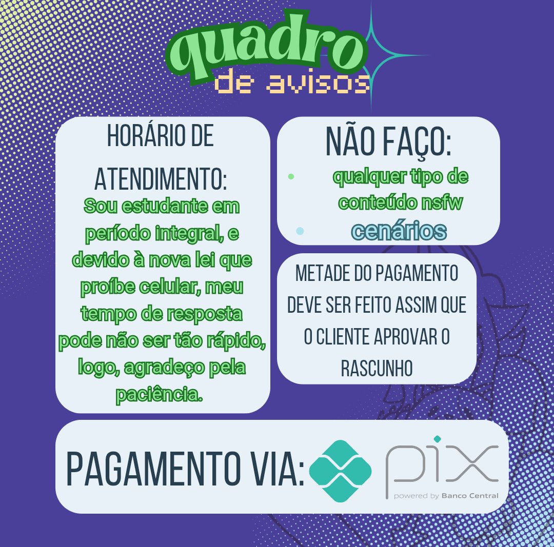 Winny_sama's tweet image. ✨WINNY ABRIU COMISSIONS!! ✨
- mais exemplos da minha arte nos comentários
- alguma dúvida? Pode perguntar na DM!
🔄+💜= Ajuda muito!