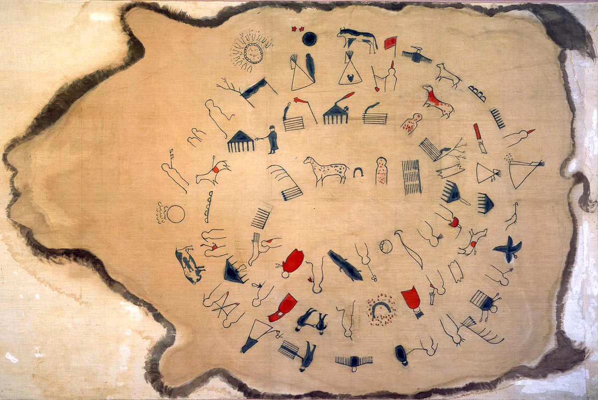From our Plains Indian Museum collection, this record of tribal history is Lone Dog’s Winter Count. With pictographs starting at the center and spiraling outward, it represents important events from between 1800 &amp; 1871. 
#centerofthewest #plainsindianmuseum #wintercount #Lakota
