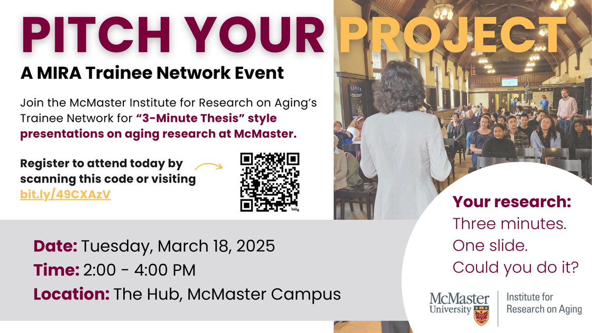 MIRA McMaster (@miramcmaster) on Twitter photo Curious about @McMasteReseach in aging? You're in luck—it's almost time for Pitch Your Project! All are invited to hear three-minute-thesis style presentations on aging research projects from across <a href="/McMasterU/">McMaster University</a>.
Presenters & registration: ow.ly/jmO450VapnU Curious about @McMasteReseach in aging? You're in luck—it's almost time for Pitch Your Project! All are invited to hear three-minute-thesis style presentations on aging research projects from across <a href="/McMasterU/">McMaster University</a>.
Presenters & registration: ow.ly/jmO450VapnU