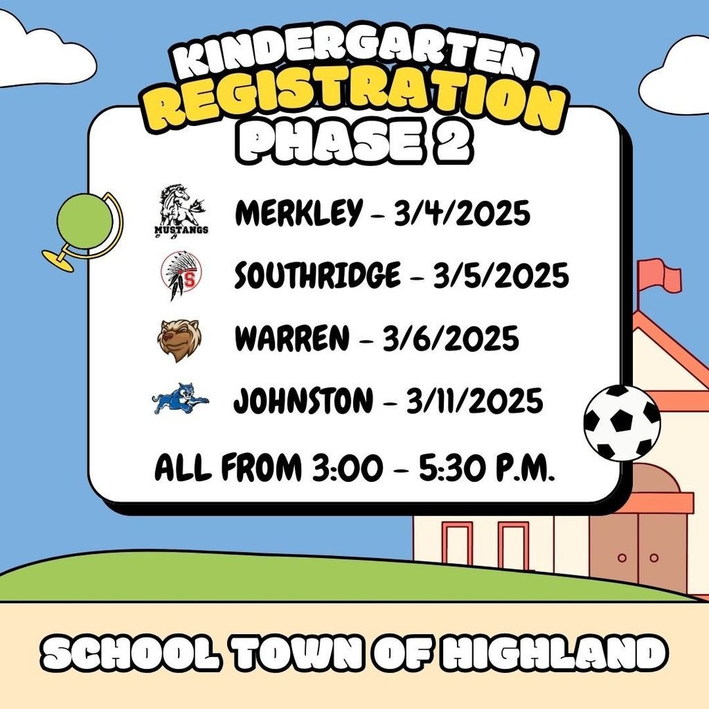 Phase 2 of our Kindergarten Registration begins today! See this website for more information: highland.k12.in.us/o/sth/page/kin…
---
¡La segunda parte de nuestra matrícula para Kindergarten empieza hoy! Vea el enlace arriba para más información.