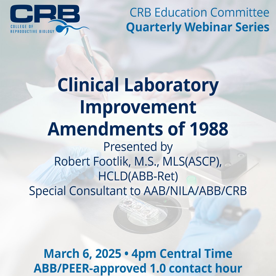 The CRB Education Committee's new webinar series kicks off March 6 with a presentation by Robert Footlik, M.S., MLS(ASCP), HCLD(ABB-Ret) covers CLIA '88. Learn more and register today at aab.org/aab/CRB_Webina…