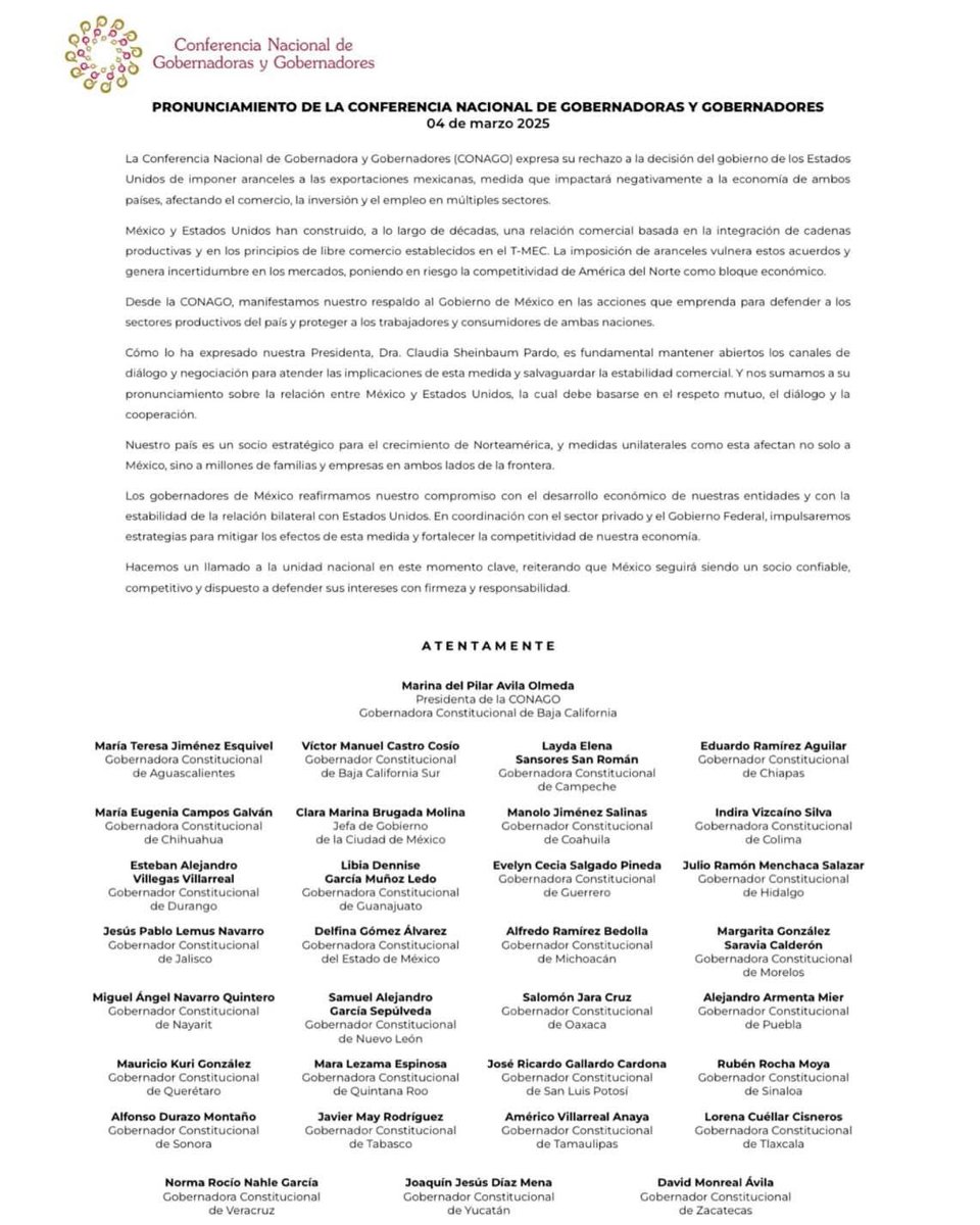 Las y los gobernadores de la CONAGO manifestamos nuestro respaldo absoluto a nuestra presidenta <a href="/Claudiashein/">Claudia Sheinbaum Pardo</a> en las acciones que emprenda para defender a los sectores productivos del país ante la decisión del gobierno de Estados Unidos de imponer aranceles a las exportaciones