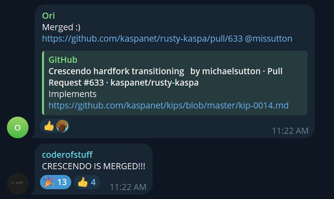 🚀$KAS The crescendo update is merged and ready to be released for Testnet-10!

🔥We are on the brink of 10 Block per second speed integration on the #Kaspa network. 

👀Get ready to witness the transaction at the speed of lights without compromising the security.

$KASPA &amp;