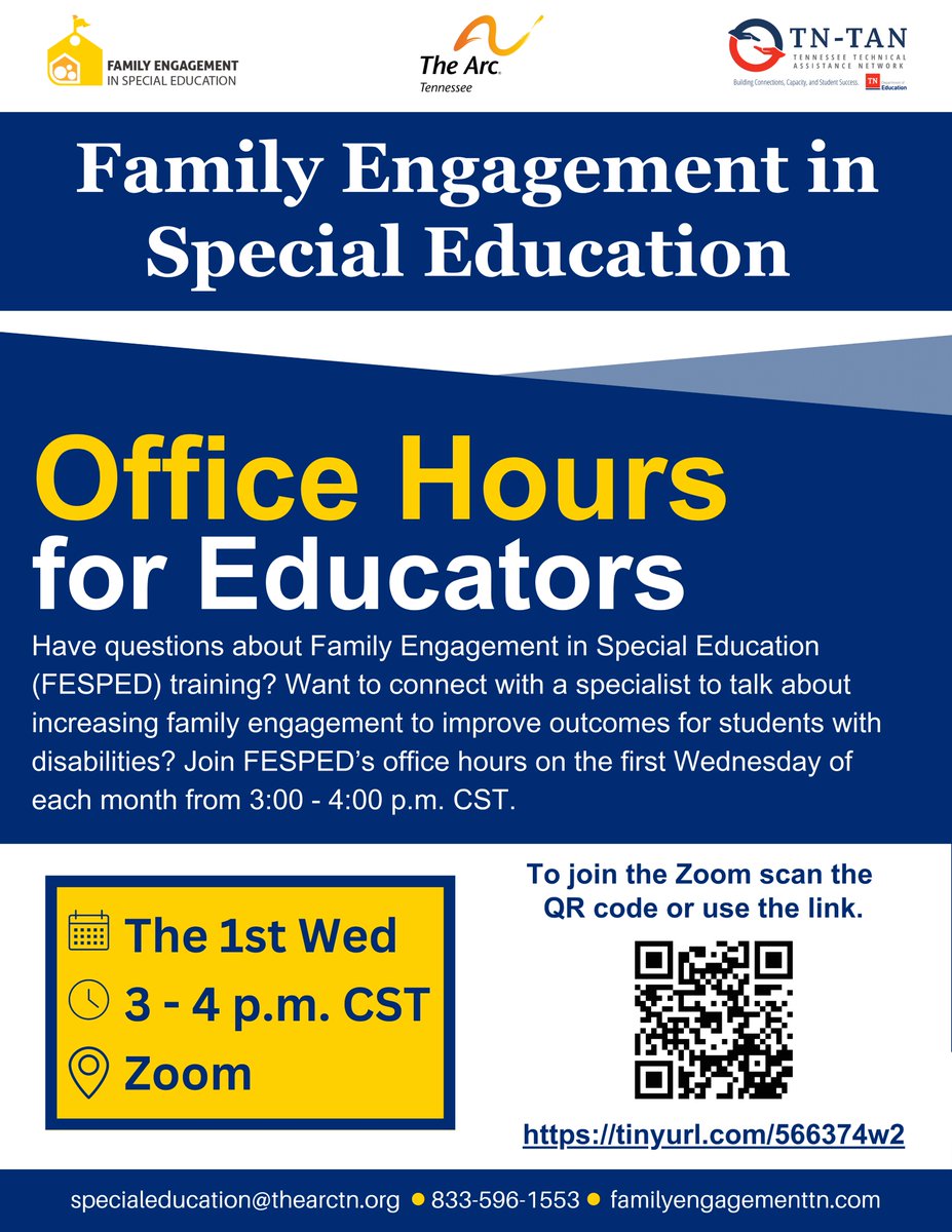 Tennessee Technical Assistance Network (TN-TAN) (@tennessee_tan) on Twitter photo Are you a TN educator with questions related to family engagement within special education?
Join <a href="/TheArcTennessee/">The Arc Tennessee</a> tomorrow, March 5, from 3-4pm CT for their monthly office hours.
familyengagementtn.com/event/march-mo…
#OfficeHours #FamilyEngagement <a href="/FESPED_TN/">FESPEDTN</a> <a href="/TNedu/">TN Dept of Education</a> Are you a TN educator with questions related to family engagement within special education?
Join <a href="/TheArcTennessee/">The Arc Tennessee</a> tomorrow, March 5, from 3-4pm CT for their monthly office hours.
familyengagementtn.com/event/march-mo…
#OfficeHours #FamilyEngagement <a href="/FESPED_TN/">FESPEDTN</a> <a href="/TNedu/">TN Dept of Education</a>