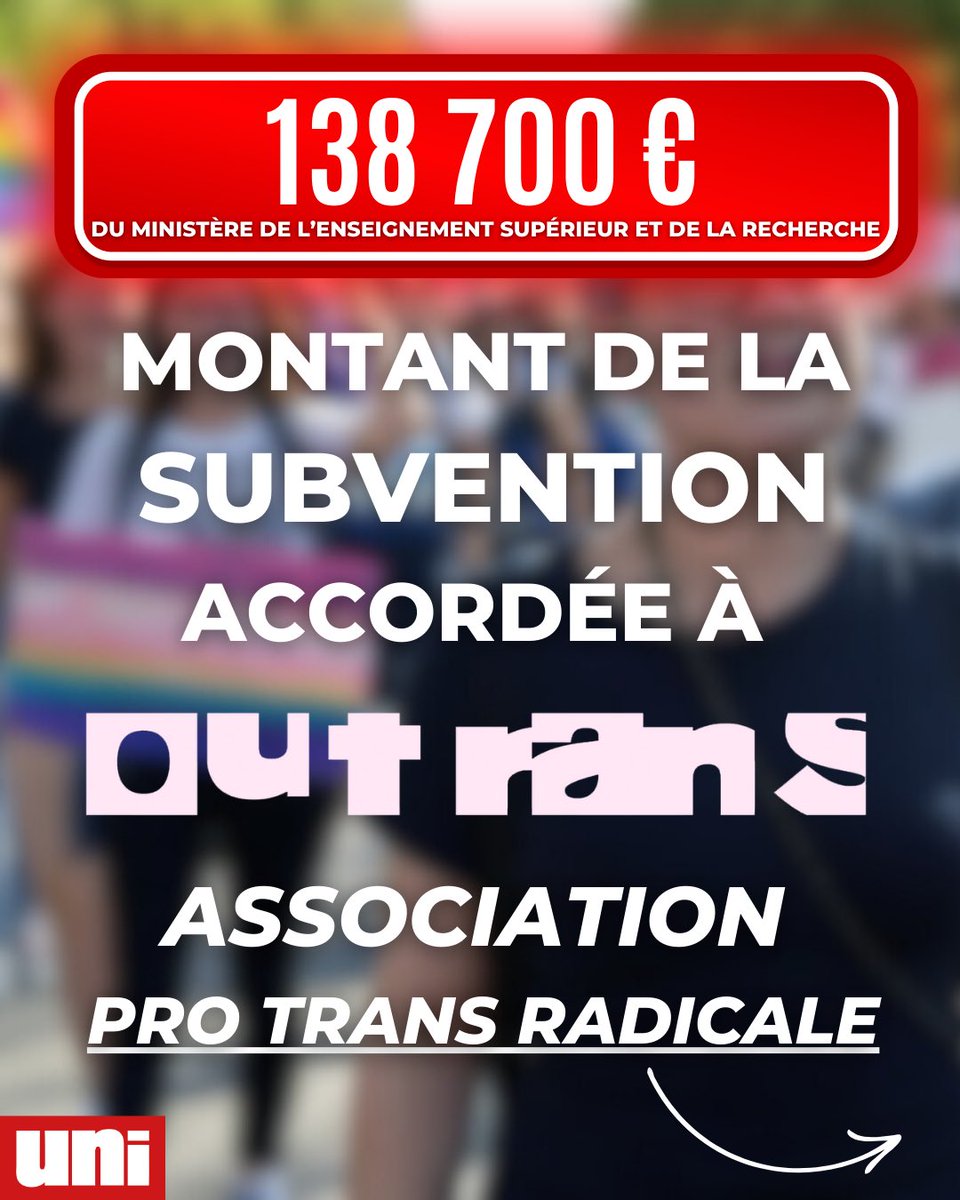 Le Ministère de l’Enseignement supérieur subventionne massivement et crée un partenariat avec OUTrans, une association pro-trans radicale.

Par exemple, cette organisation promeut les interventions médicales sur les mineurs voulant transitionner.

On vous explique tout ⤵️