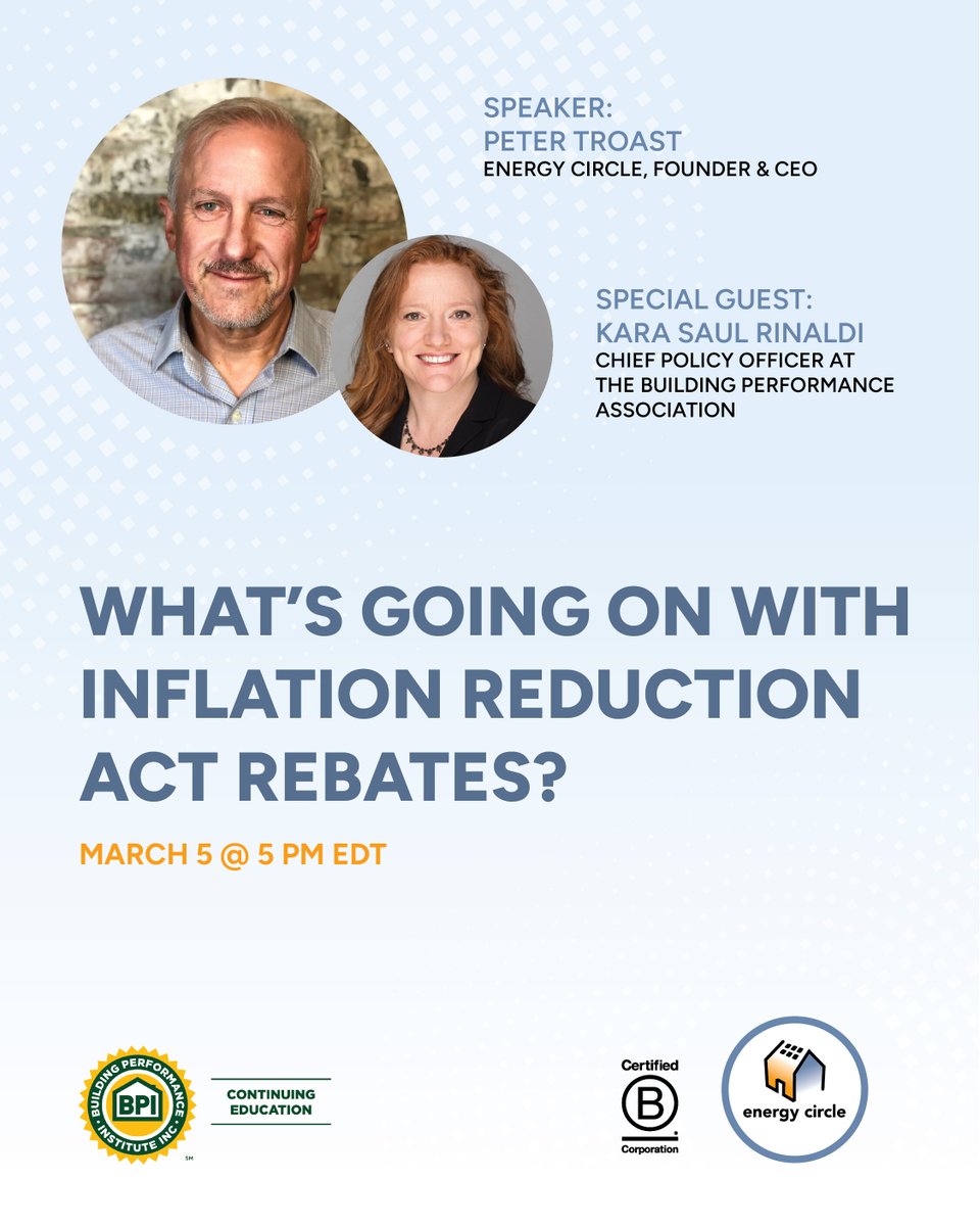 EnergyCircle (@energycircle) on Twitter photo As one of the most knowledgeable on-the-ground experts, we'll talk to Kara Saul Rinaldi, Chief Policy Officer at the <a href="/JoinBPA/">Building Performance Association</a>, about what's going on in DC and give contractors the latest information they need to make decisions.
Register now: hubs.ly/Q039f8y80 As one of the most knowledgeable on-the-ground experts, we'll talk to Kara Saul Rinaldi, Chief Policy Officer at the <a href="/JoinBPA/">Building Performance Association</a>, about what's going on in DC and give contractors the latest information they need to make decisions.
Register now: hubs.ly/Q039f8y80