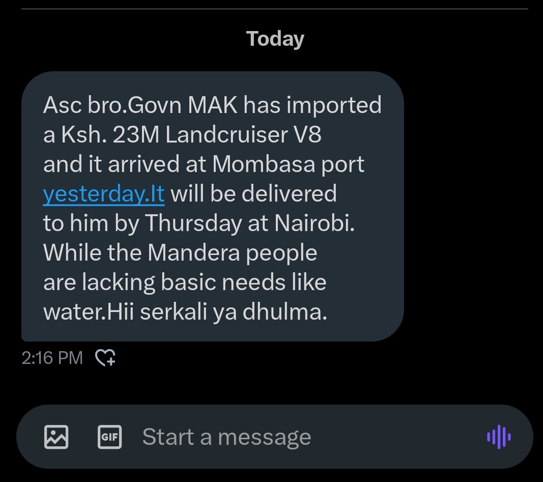 Eng. Alinoor 009 (@alinoor009) on Twitter photo This is beyond unacceptable. While Mandera residents are suffering from a severe #water crisis & the governor <a href="/MohamedAKhalif/">H.E Mohamed Adan Khalif</a> himself is tweeting about the dire need for electricity, he is busy importing a Ksh. 23 million luxury Land Cruiser?........... This is beyond unacceptable. While Mandera residents are suffering from a severe #water crisis & the governor <a href="/MohamedAKhalif/">H.E Mohamed Adan Khalif</a> himself is tweeting about the dire need for electricity, he is busy importing a Ksh. 23 million luxury Land Cruiser?...........