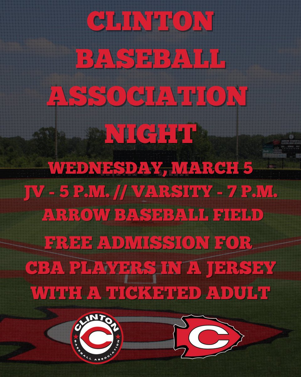 Tomorrow is Clinton Baseball Association Night. Players wearing a CBA jersey and with a ticketed adult get free admission into Arrow Baseball Field.

Come out and support the Clinton Arrows tomorrow night as they host Starkville in the Division 2-7A opener.

#The401 #GOARROWS