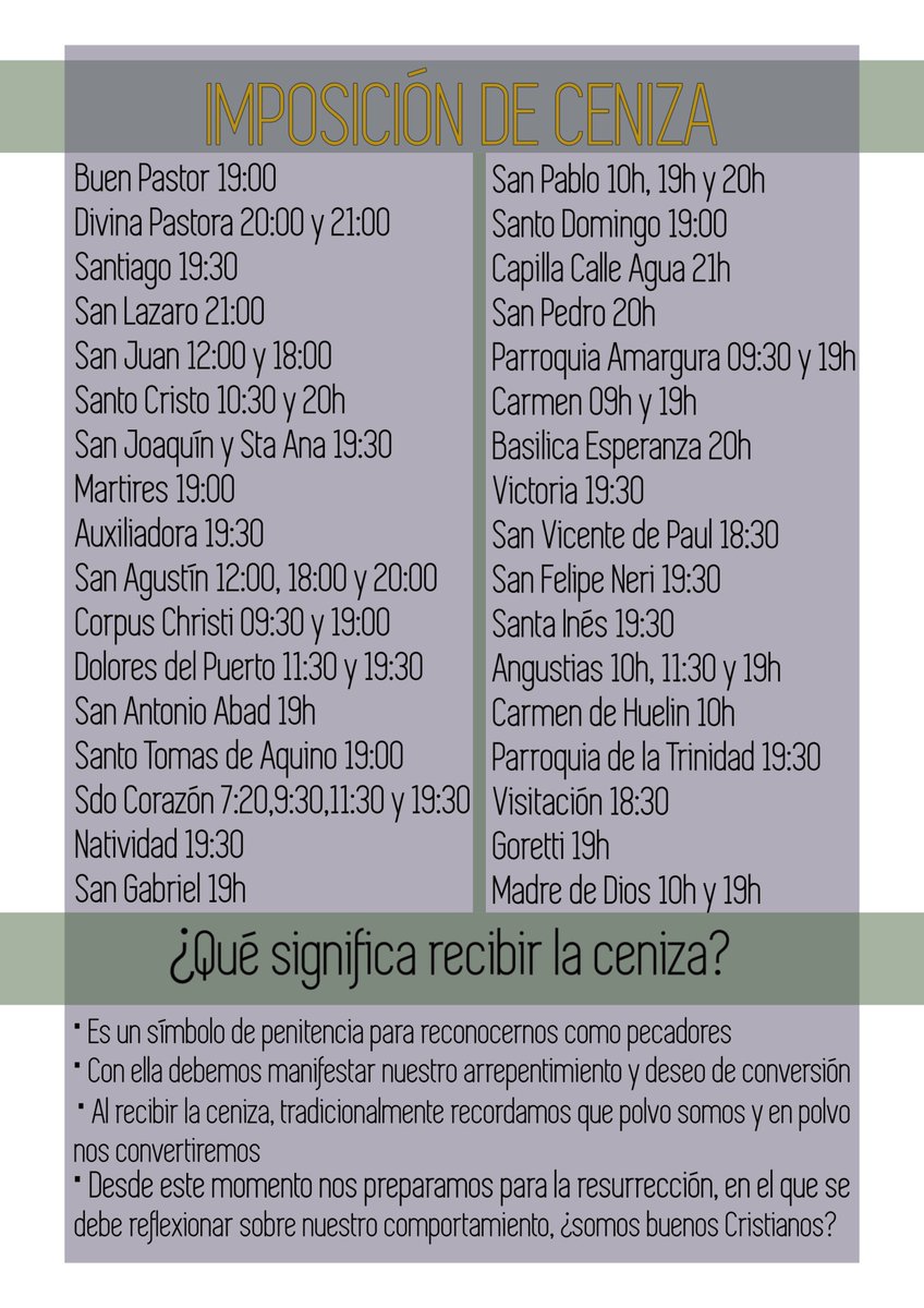Horarios de las eucaristías en las #CofradíasMLG el día de mañana Miércoles de Ceniza, para la imposición de la ceniza