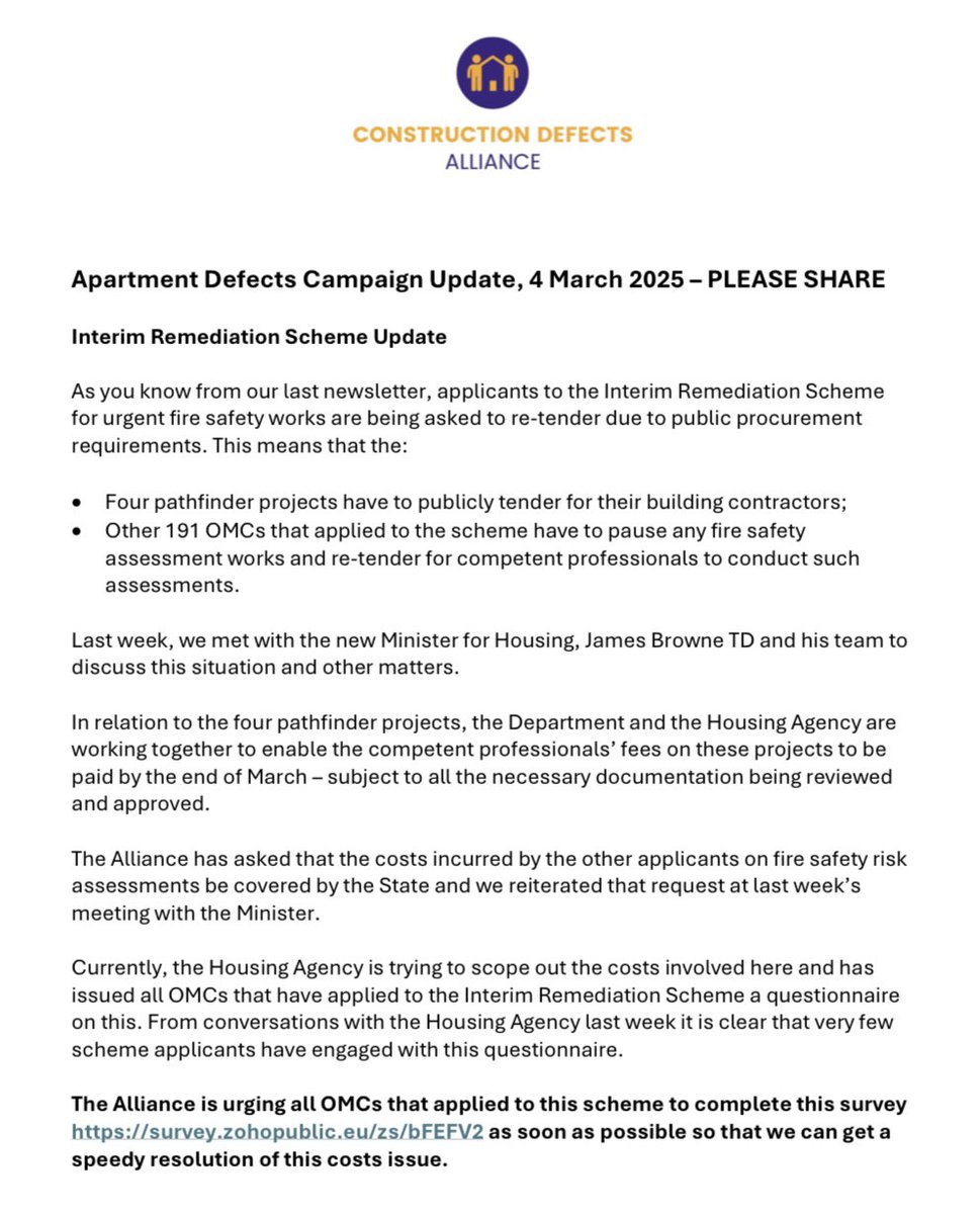 Construction Defects Alliance (@alliancedefects) on Twitter photo Newsletter issued today to <a href="/AllianceDefects/">Construction Defects Alliance</a> database and other stakeholders constructiondefectsalliance.ie/assets/files/p…
*Productive meeting with <a href="/JamesBrowneTD/">James Browne TD</a>
*Urgent need for Interim Remediation Scheme applicant OMCs to fill in <a href="/HousingAgencyIE/">The Housing Agency Ireland</a> survey survey.zohopublic.eu/zs/bFEFV2 Newsletter issued today to <a href="/AllianceDefects/">Construction Defects Alliance</a> database and other stakeholders constructiondefectsalliance.ie/assets/files/p…
*Productive meeting with <a href="/JamesBrowneTD/">James Browne TD</a>
*Urgent need for Interim Remediation Scheme applicant OMCs to fill in <a href="/HousingAgencyIE/">The Housing Agency Ireland</a> survey survey.zohopublic.eu/zs/bFEFV2