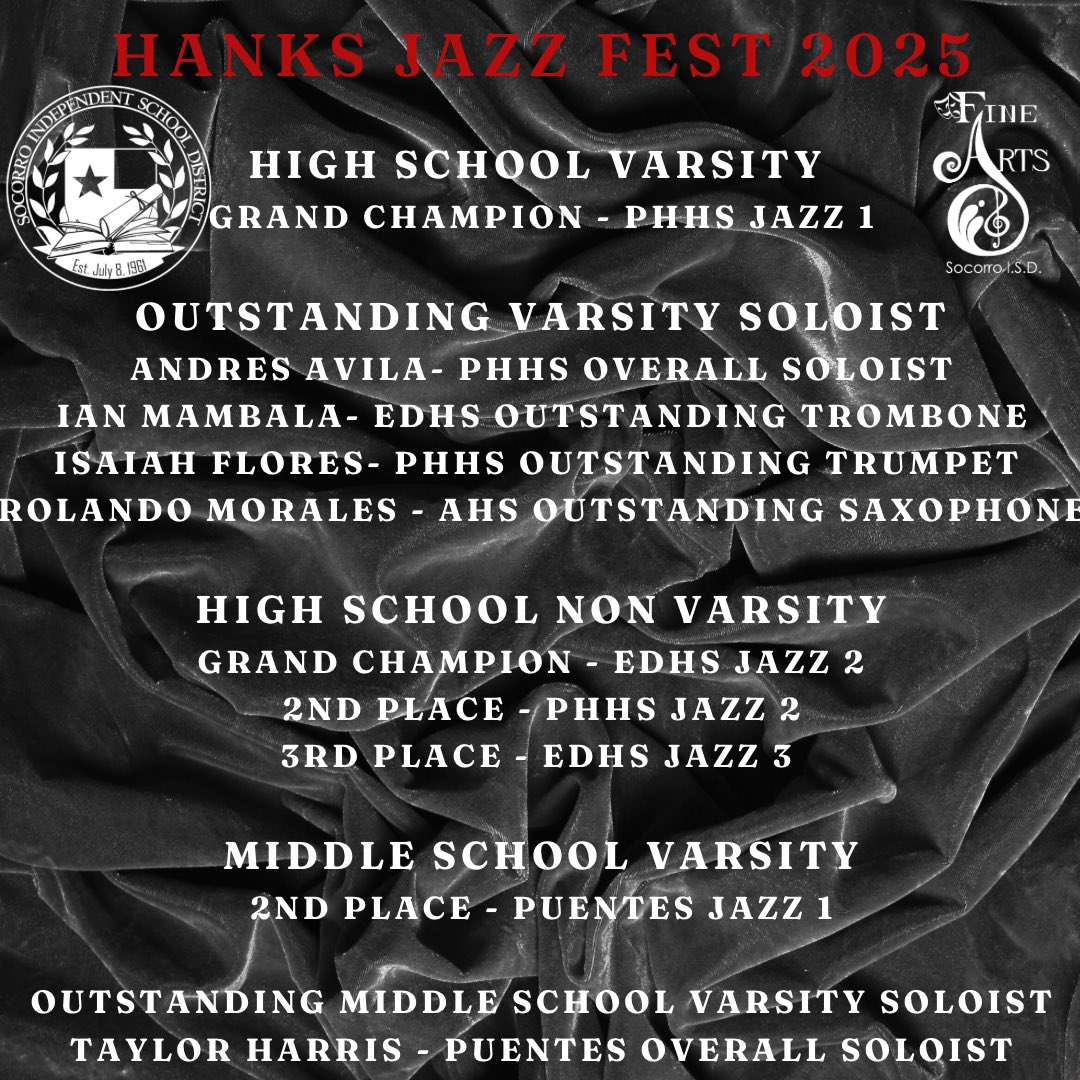 Congratulations to all of our Jazz Bands on a great season! #TeamSISD took the overall Grand Champions, swept the non-varsity division, 2nd place MS and had several outstanding soloist! Jazz is strong in #SISDFineArts