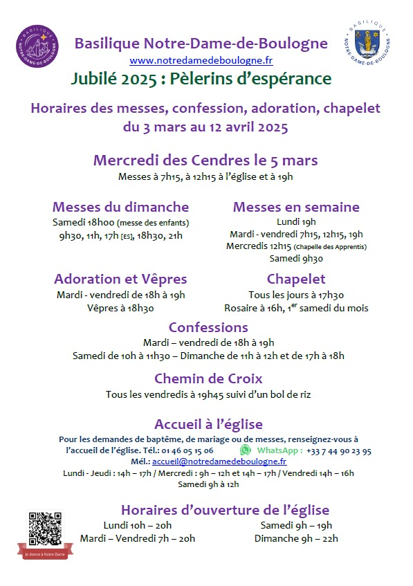 Tous les horaires de Carême à Notre-Dame de Boulogne. 
Plus d'infos : notredamedeboulogne.fr/infos-pratique… 
Bon Carême à tous !
#Careme #careme2025 #cendres