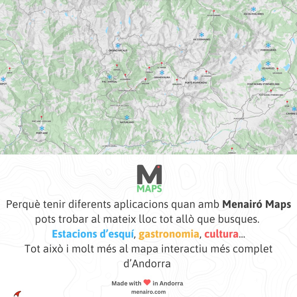 Menairomaps's tweet image. Perquè tenir diferents aplicacions quan amb Menairó Maps pots trobar al mateix lloc tot allò que busques. 
Estacions d’esquí, gastronomia, cultura...
Tot això i molt més al mapa interactiu més complet d’Andorra 

#andorra #thisisandorra #aventura  #cultura #guiavirtual #ski
