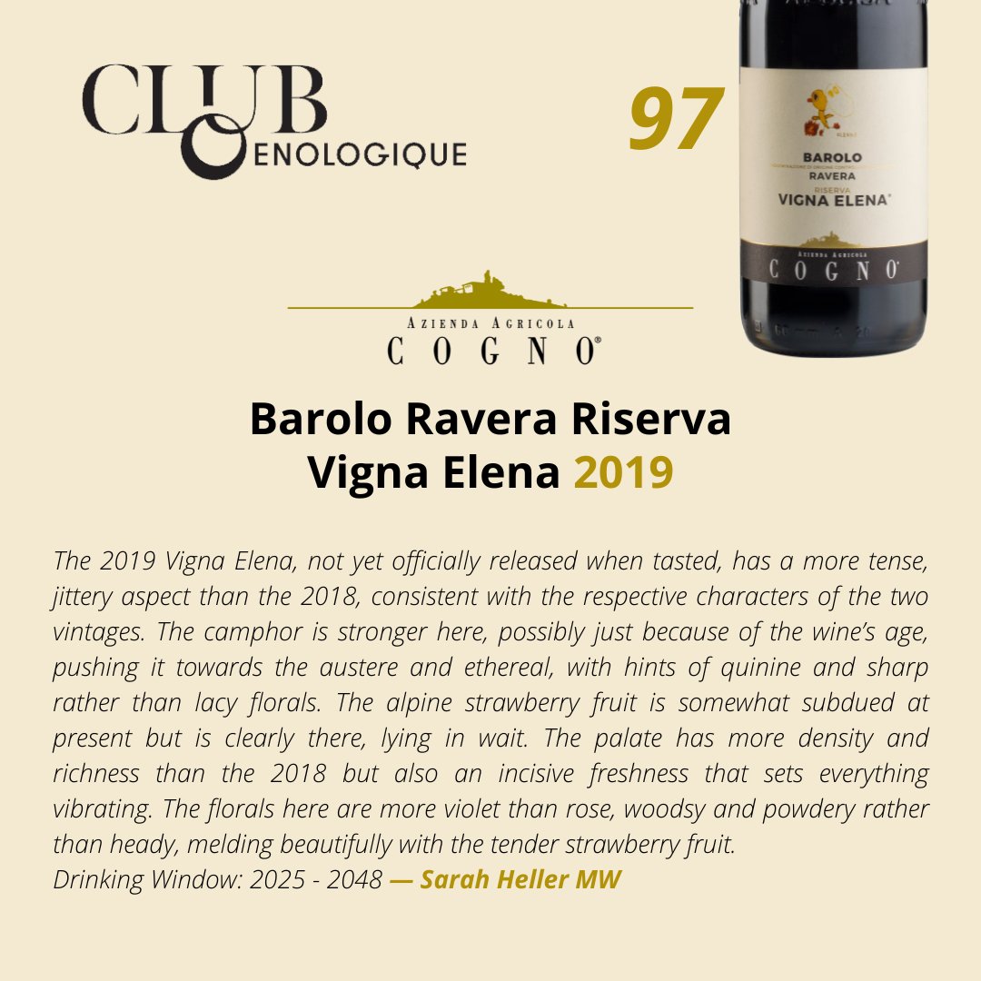Cogno Wines l Barolo Ravera (@cognowines) on Twitter photo We thank Sarah Heller and <a href="/ClubOenologique/">Club Oenologique</a> for this precious review of our Barolo Ravera Riserva Vigna Elena 2019. We thank Sarah Heller and <a href="/ClubOenologique/">Club Oenologique</a> for this precious review of our Barolo Ravera Riserva Vigna Elena 2019.
