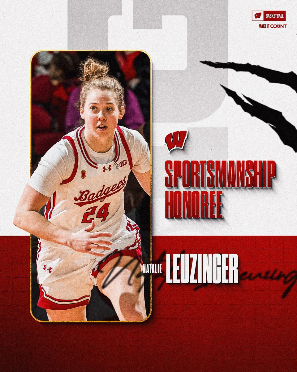 Wisconsin Womenâs Basketball (@badgerwbb) on Twitter photo Congratulations to <a href="/leuzinger24/">natalie leuzinger</a> on earning Big Ten Sportsmanship honors!
A true leader on and off the court!
#OnWisconsin Congratulations to <a href="/leuzinger24/">natalie leuzinger</a> on earning Big Ten Sportsmanship honors!
A true leader on and off the court!
#OnWisconsin