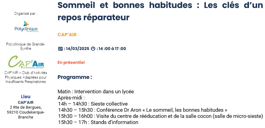 INSV (@insv_sommeil) on Twitter photo 😴 Envie d’un sommeil plus réparateur ?
📅 14 mars 2025 | 🕐 14h-17h | 📍 CAP’AIR, Coudekerque-Branche
💡 Sieste collective, conférence & stands d’info pour mieux comprendre et améliorer votre sommeil !
Infos 👉institut-sommeil-vigilance.org/sommeil-et-bon…
#JournéeDuSommeil <a href="/polycliniquegs/">Polyclinique Grande-Synthe</a> 😴 Envie d’un sommeil plus réparateur ?
📅 14 mars 2025 | 🕐 14h-17h | 📍 CAP’AIR, Coudekerque-Branche
💡 Sieste collective, conférence & stands d’info pour mieux comprendre et améliorer votre sommeil !
Infos 👉institut-sommeil-vigilance.org/sommeil-et-bon…
#JournéeDuSommeil <a href="/polycliniquegs/">Polyclinique Grande-Synthe</a>