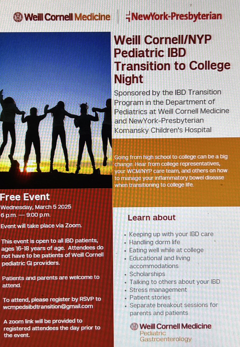 Kimberley Chien (@kchienmd) on Twitter photo Our Ped #IBD Transition to College night March 5, 6-9 pm EST has been moved to zoom! All can come. To get zoom link, email
wcmpedsibdtransition@gmail.com to register! Join us for great talks and personalized sessions to talk about managing IBD at college! <a href="/WCMpeds/">Weill Cornell Pediatrics</a> Our Ped #IBD Transition to College night March 5, 6-9 pm EST has been moved to zoom! All can come. To get zoom link, email
wcmpedsibdtransition@gmail.com to register! Join us for great talks and personalized sessions to talk about managing IBD at college! <a href="/WCMpeds/">Weill Cornell Pediatrics</a>