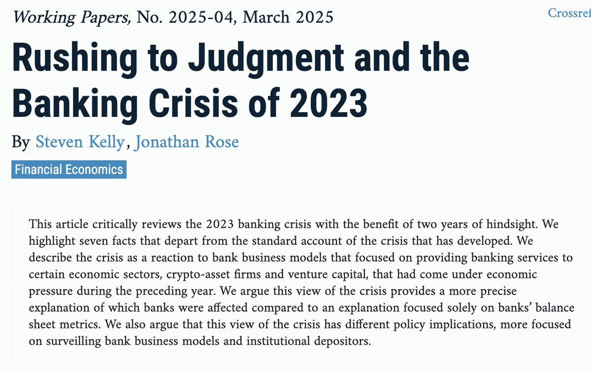 StevenKelly49's tweet image. New paper: &quot;Rushing to Judgement and the Banking Crisis of 2023&quot;

At the two-year anniversary of the crisis, @thejonrose and I present 7 facts that are overlooked in the standard account of the crisis: chicagofed.org/publications/w…