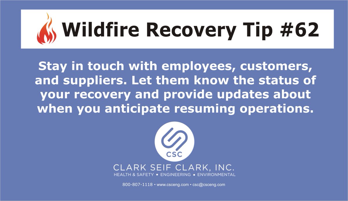 ClarkSeifClark's tweet photo. Wildfire Recovery Tip #62

Stay in touch with employees, customers, and suppliers. Let them know the status of your recovery and provide updates about when you anticipate resuming operations.

#CSC #wildfire #wildlandurbaninterfacefire #smoke #urbanfire #tip #62 #postfire #afterthefire #recovery #business #operations #suppliers