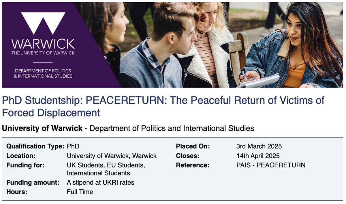 Emma Mateo (@emm_mateo) on Twitter photo Funded PhD opportunity at University of Warwick (UK) for a student working on forced migration. - particularly from Ukraine. Nice to see 🇺🇦 opportunities. Please share with relevant students.
<a href="/Sci_for_Ukraine/">#ScienceForUkraine 🇺🇦</a>
jobs.ac.uk/job/DMC570/phd… Funded PhD opportunity at University of Warwick (UK) for a student working on forced migration. - particularly from Ukraine. Nice to see 🇺🇦 opportunities. Please share with relevant students.
<a href="/Sci_for_Ukraine/">#ScienceForUkraine 🇺🇦</a>
jobs.ac.uk/job/DMC570/phd…